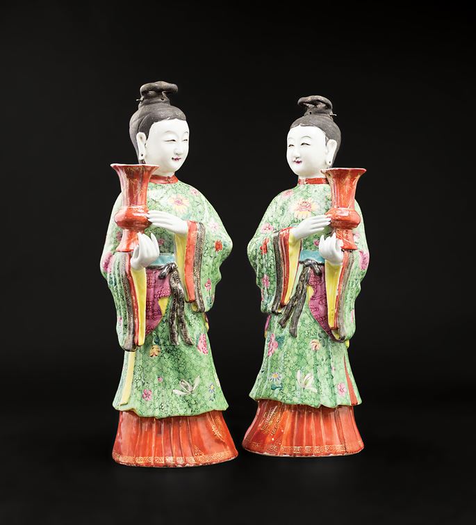 Pair of chinese export porcelain famille rose maiden candlesticks | MasterArt